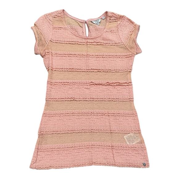 GUESS Y2K Top Peach Fitted Mesh Lace Sheer Sz M Romantic Coquette Blouse Stretch - Picture 7 of 8